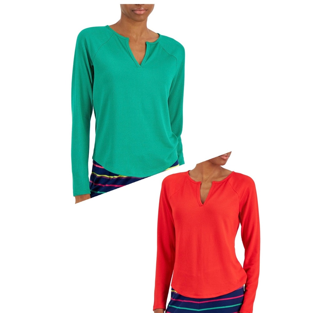 Jenni Women S Split-Neck Pajama Top Bundle of 2 - Red - Green - Size Small